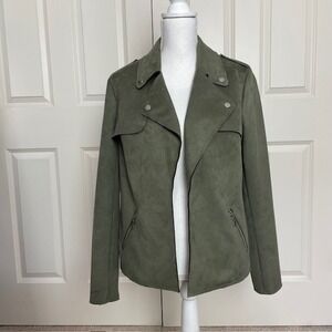 INC Medium Olive Green Faux Suede Vegan Drape Front Jacket‎ Edgy Zipper Woman